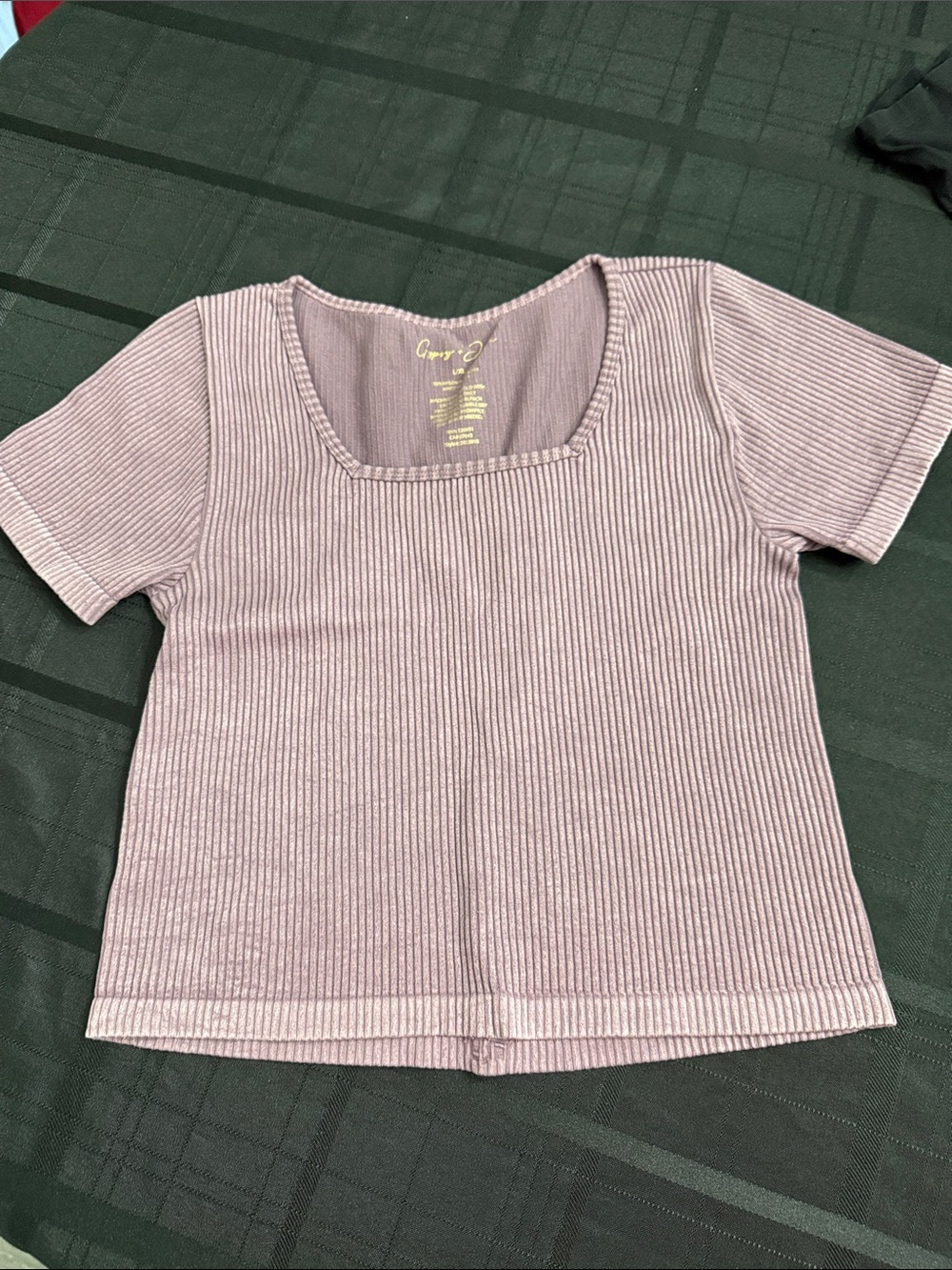 Garage Ribbed Square Neck Short Sleeve Top in Mauve Pink